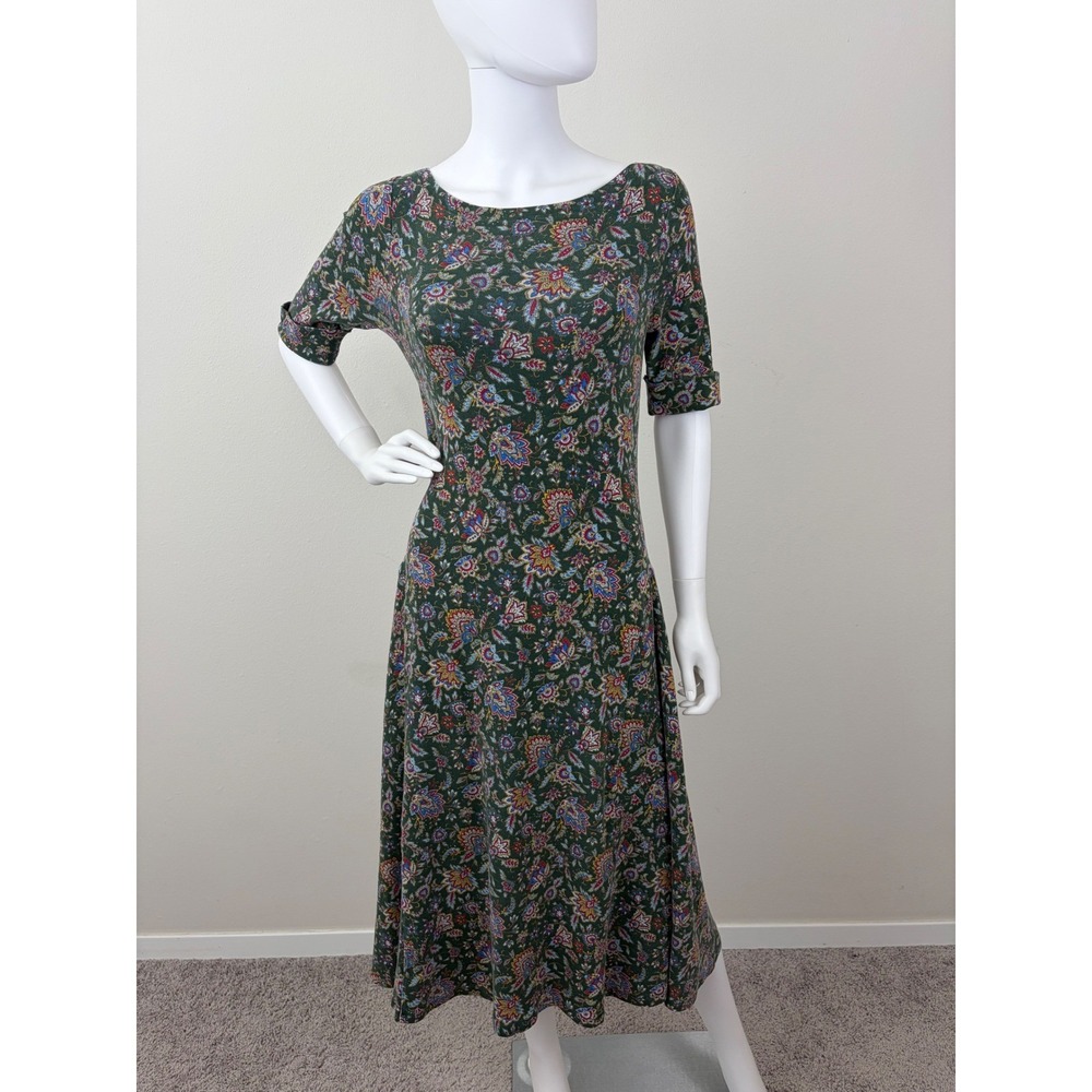 Lauren Ralph Lauren Green Floral Paisley Midi Jersey Dress Cotton Blend‎ L